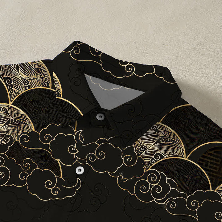 Buddha Stones Golden Cloud Wave Moon Pattern Buttons Breathable Men's Short Sleeve Shirt - image 2