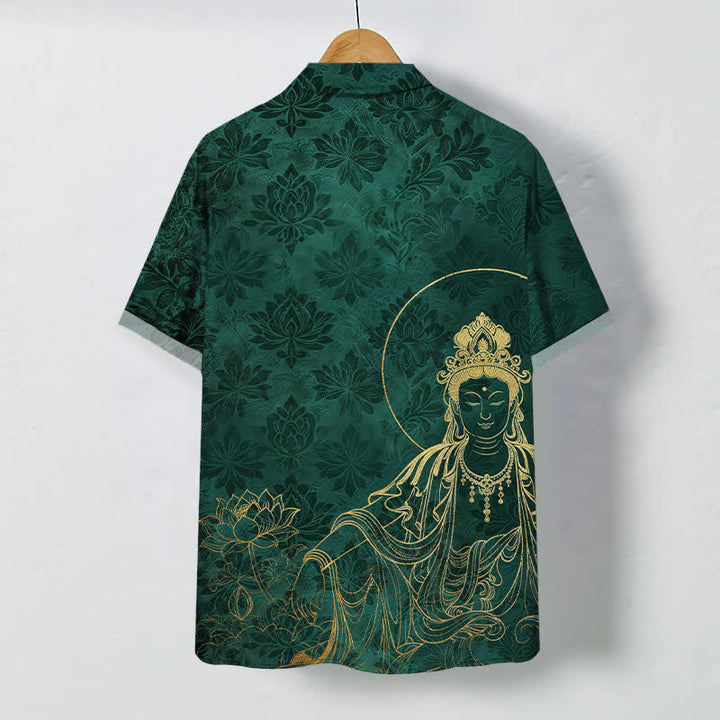 Buddha Stones Vintage Botanical Lotus Figure Pattern Buttons Wrinkle-resistant Men's Short Sleeve Shirt - image 1