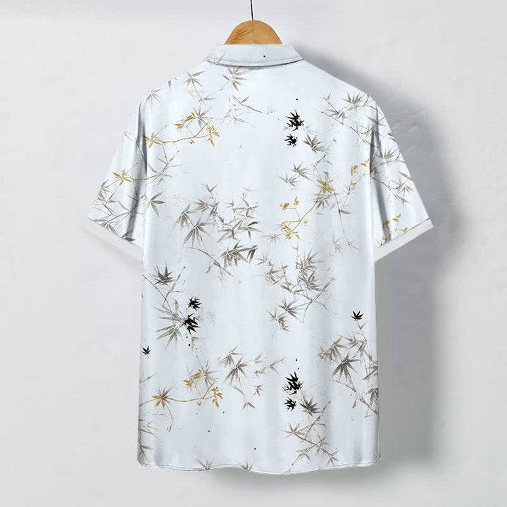 Buddha Stones Ink Bamboo Leaves Pattern Buttons Breathable Men's Short Sleeve Shirt - image 1