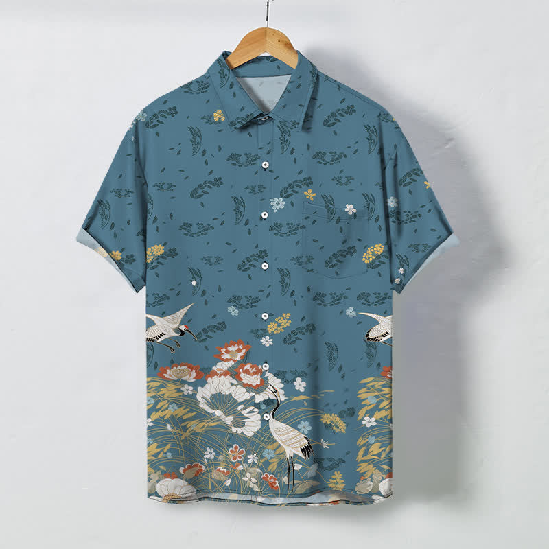 Buddha Stones Floral Crane Pattern Buttons Breathable Men's Short Sleeve Shirt - SteelBlue - US/UK/AU48，EU58 (4XL) - image 0