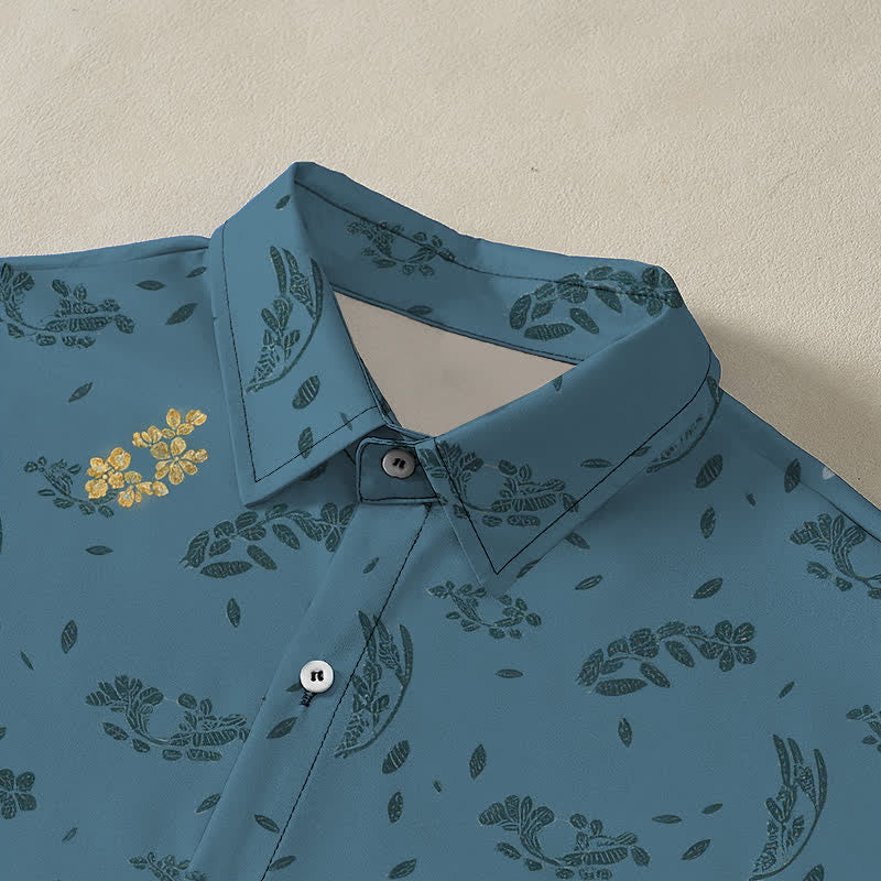 Buddha Stones Floral Crane Pattern Buttons Breathable Men's Short Sleeve Shirt - image 2