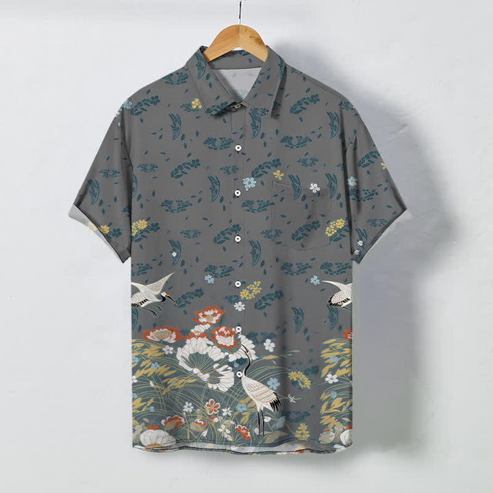 Buddha Stones Floral Crane Pattern Buttons Breathable Men's Short Sleeve Shirt - Gray - US/UK/AU48，EU58 (4XL) - image 5