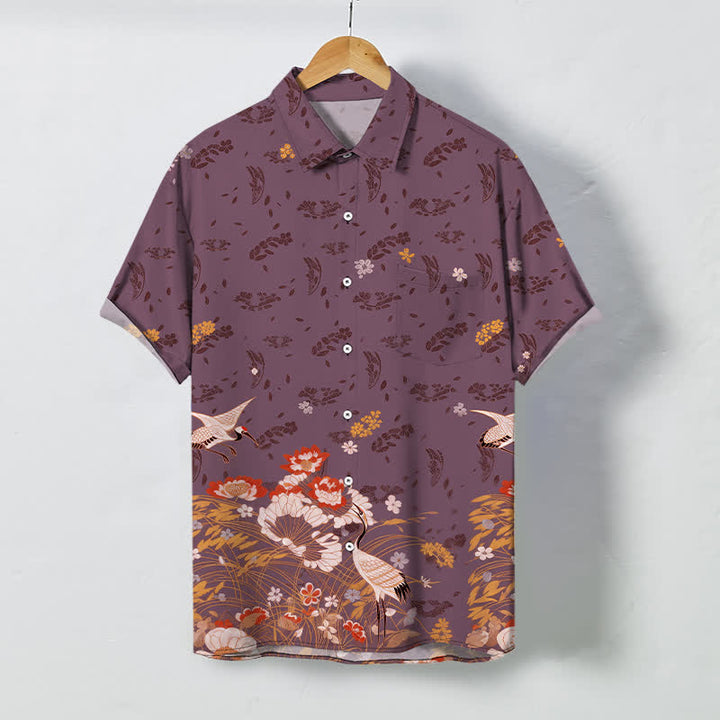Buddha Stones Floral Crane Pattern Buttons Breathable Men's Short Sleeve Shirt - MediumVioletRed - US/UK/AU48，EU58 (4XL) - image 7