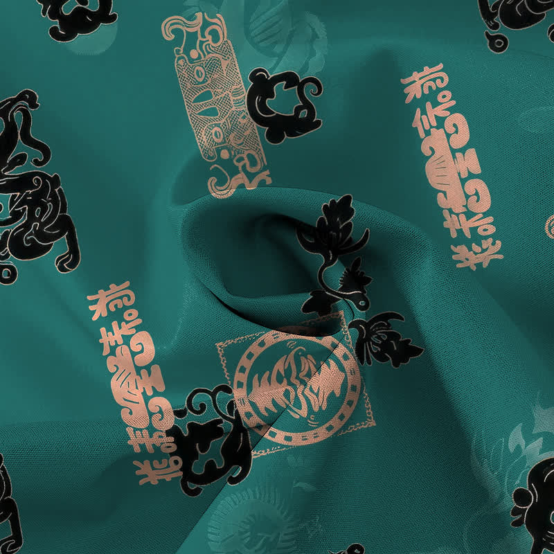 Buddha Stones Vintage Teal Letter Pattern Buttons Breathable Men's Short Sleeve Shirt - image 4