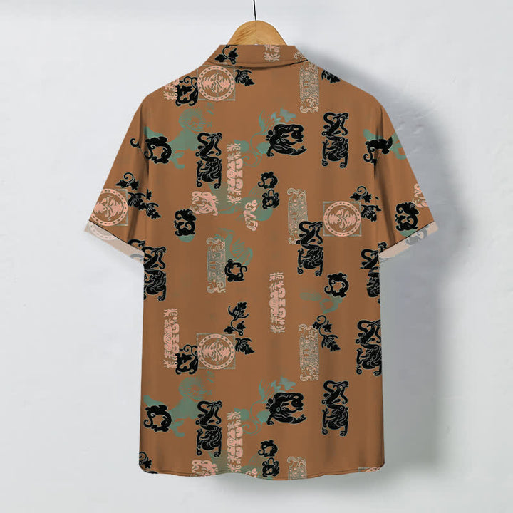 Buddha Stones Vintage Teal Letter Pattern Buttons Breathable Men's Short Sleeve Shirt - image 6