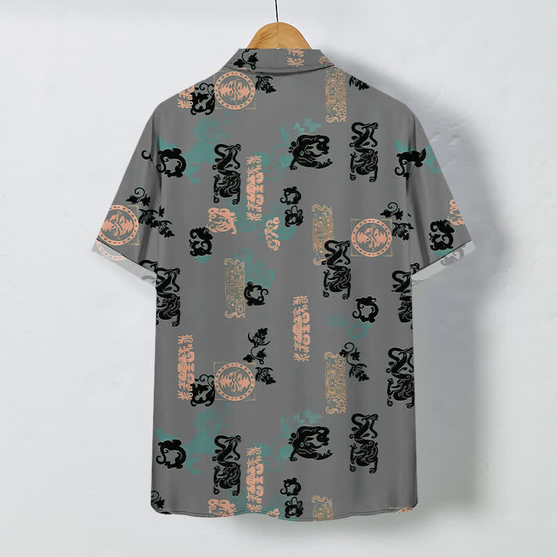 Buddha Stones Vintage Teal Letter Pattern Buttons Breathable Men's Short Sleeve Shirt - image 8