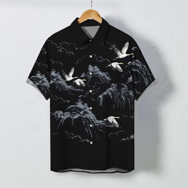 Buddha Stones Ink Crane Mountain Cloud Pattern Buttons Breathable Men's Short Sleeve Shirt - Black - US/UK/AU48，EU58 (4XL) - image 5