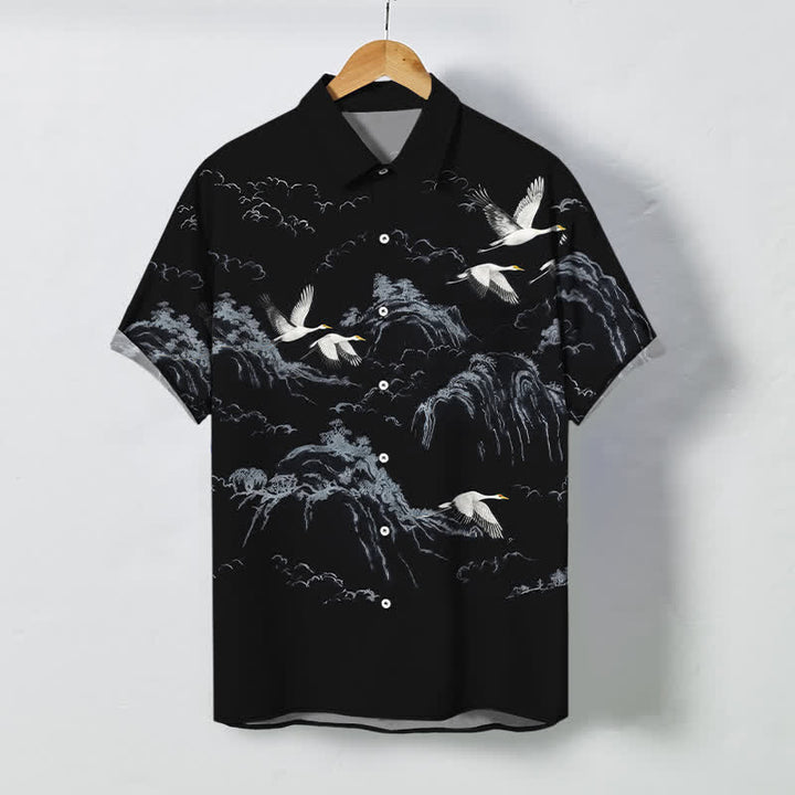 Buddha Stones Ink Crane Mountain Cloud Pattern Buttons Breathable Men's Short Sleeve Shirt - Black - US/UK/AU48，EU58 (4XL) - image 5