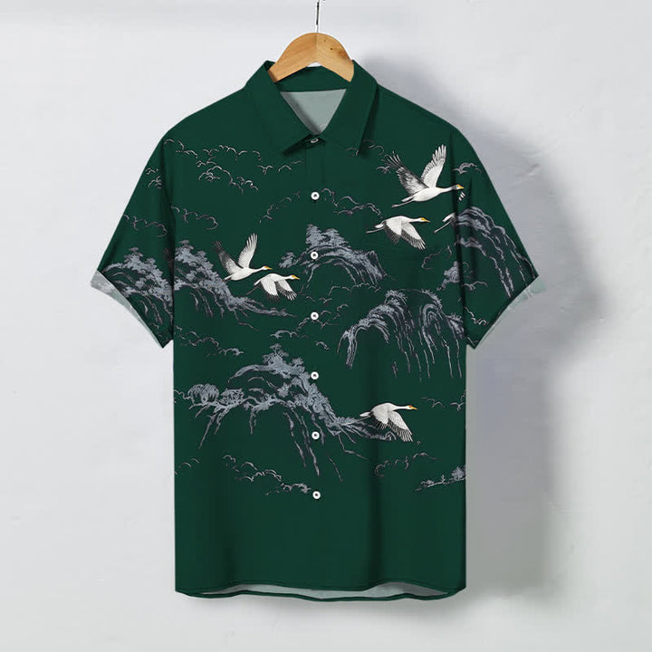 Buddha Stones Ink Crane Mountain Cloud Pattern Buttons Breathable Men's Short Sleeve Shirt - DarkGreen - US/UK/AU48，EU58 (4XL) - image 7