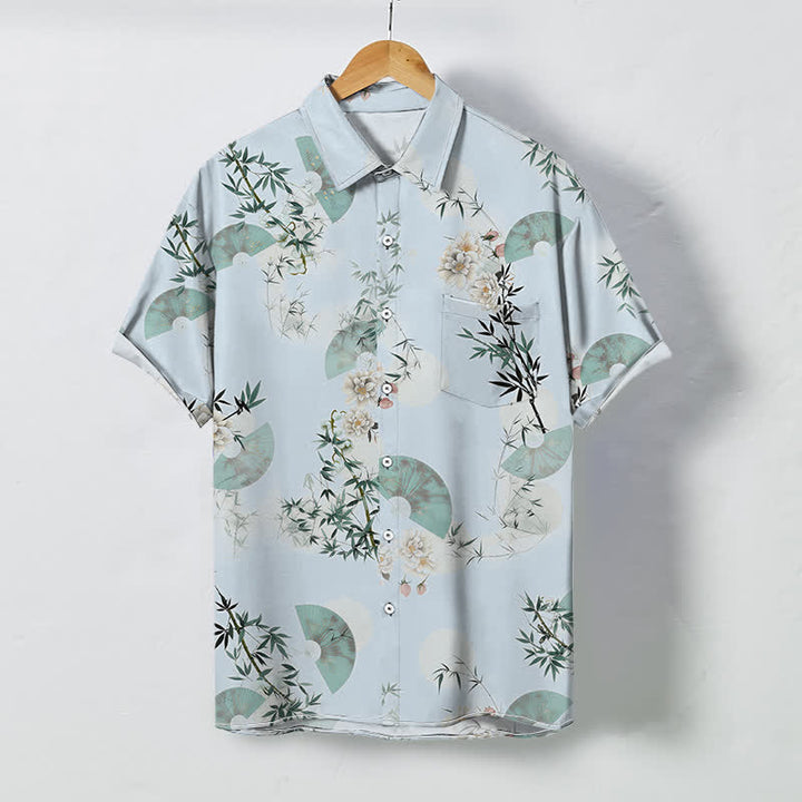 Buddha Stones Mint Fan Bamboo Blossom Pattern Buttons Breathable Men's Short Sleeve Shirt - LightBlue - US/UK/AU48，EU58 (4XL) - image 5