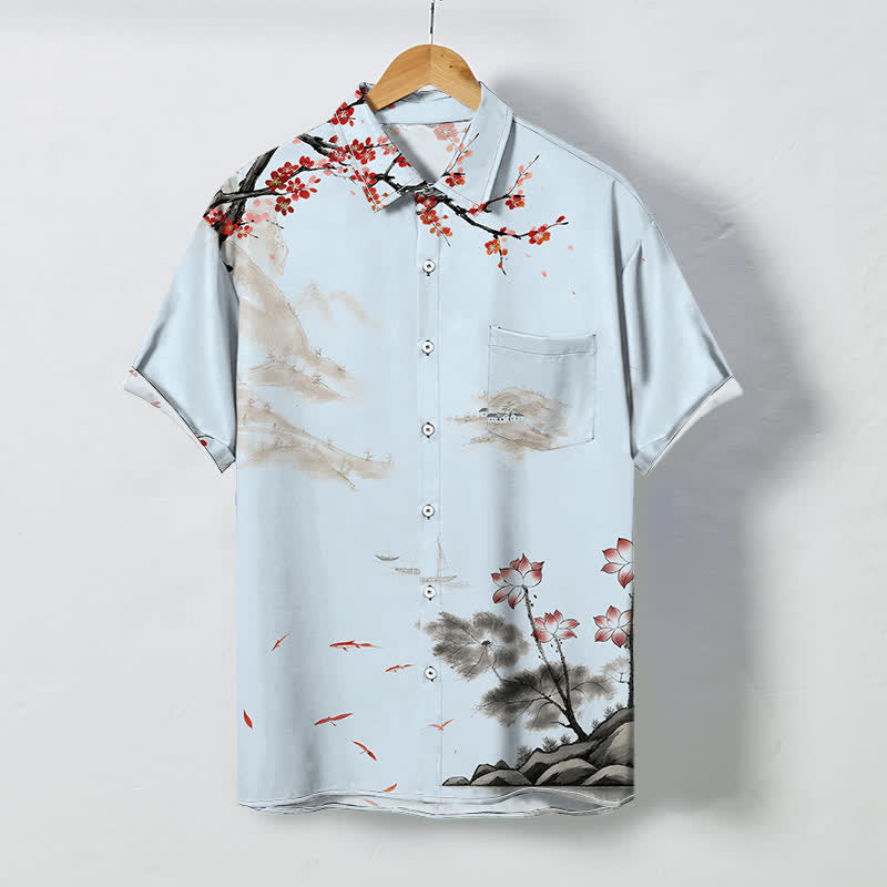 Buddha Stones Ink Landscape Red Blossom Pattern Buttons Breathable Men's Short Sleeve Shirt - PowderBlue - US/UK/AU48，EU58 (4XL) - image 3