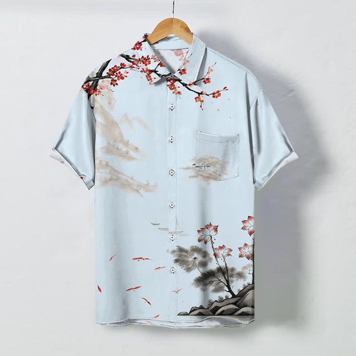 Buddha Stones Ink Landscape Red Blossom Pattern Buttons Breathable Men's Short Sleeve Shirt - PowderBlue - US/UK/AU48，EU58 (4XL) - image 3