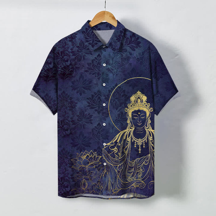 Buddha Stones Vintage Botanical Lotus Figure Pattern Buttons Wrinkle-resistant Men's Short Sleeve Shirt - DarkSlateBlue - US/UK/AU48，EU58 (4XL) - image 7