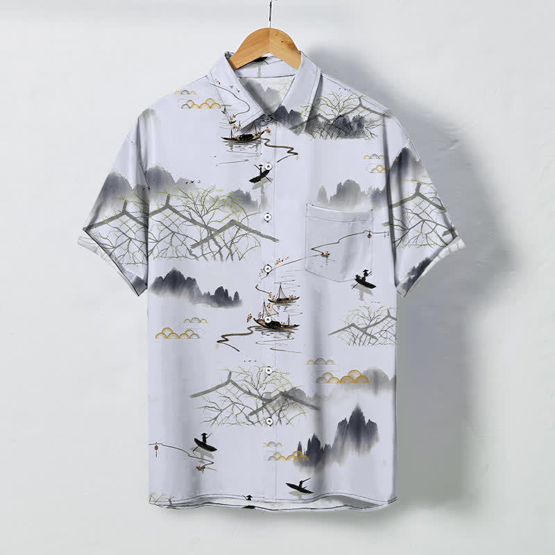 Buddha Stones Ink Landscape Mountain Boat Pattern Buttons Breathable Men's Short Sleeve Shirt - WhiteSmoke - US/UK/AU48，EU58 (4XL) - image 7