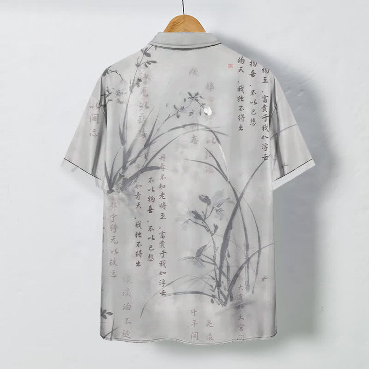 Buddha Stones Ink Bamboo Calligraphy Pattern Buttons Breathable Men's Short Sleeve Shirt - image 6