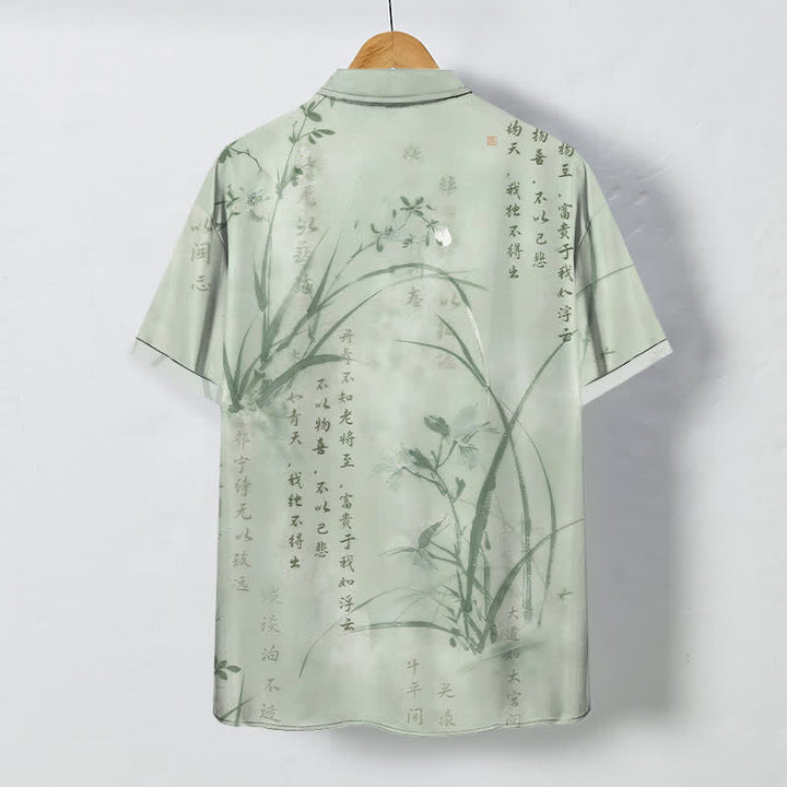 Buddha Stones Ink Bamboo Calligraphy Pattern Buttons Breathable Men's Short Sleeve Shirt - image 8