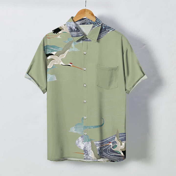 Buddha Stones Crane Wave Cloud Pattern Buttons Breathable Men's Short Sleeve Shirt - DarkKhaki - US/UK/AU48，EU58 (4XL) - image 5