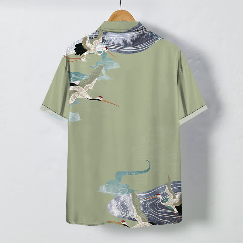 Buddha Stones Crane Wave Cloud Pattern Buttons Breathable Men's Short Sleeve Shirt - image 6