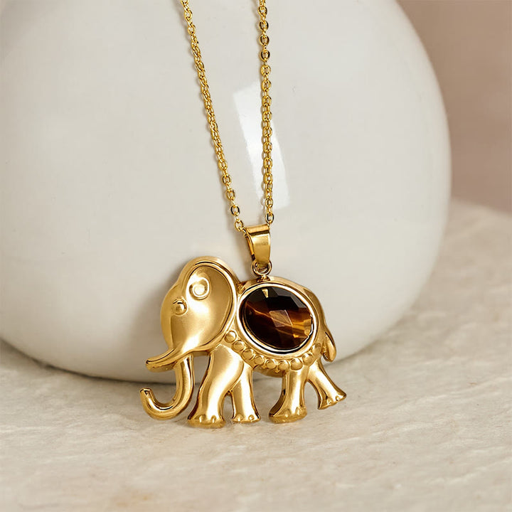 Buddha Stones Gold Plated Tiger Eye Elephant Protection Necklace - image 1