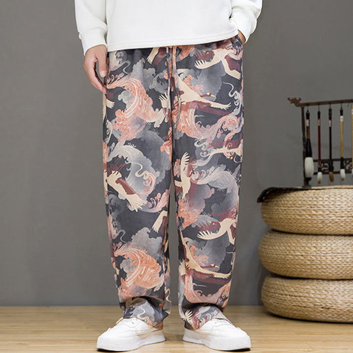 Buddha Stones Spring Summer Casual Drawstring Crane Print Ankle Pants Men's Harem Pants With Pockets - image 26
