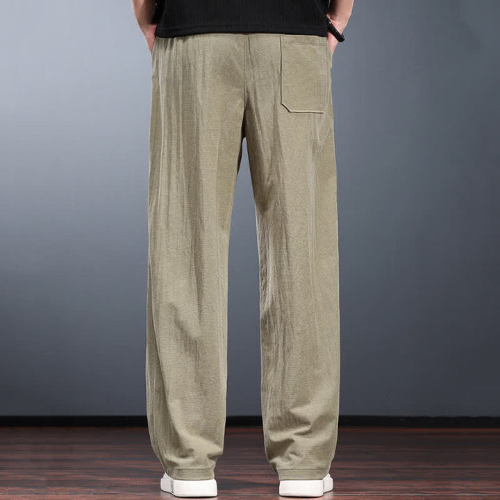 Buddha Stones Spring Summer Casual Minimalist Drawstring Elastic Waist Solid Long Pants Men's Straight Leg Pants With Pockets - image 4