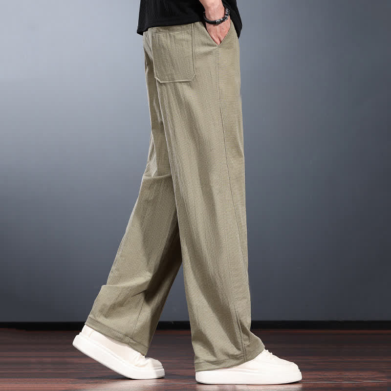 Buddha Stones Spring Summer Casual Minimalist Drawstring Elastic Waist Solid Long Pants Men's Straight Leg Pants With Pockets - image 5