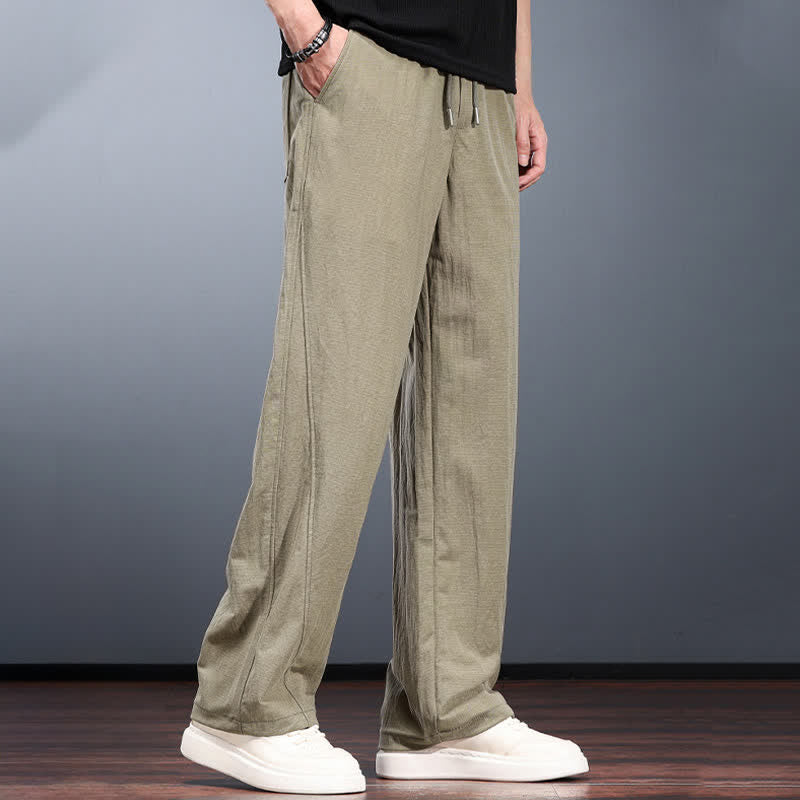 Buddha Stones Spring Summer Casual Minimalist Drawstring Elastic Waist Solid Long Pants Men's Straight Leg Pants With Pockets - image 1