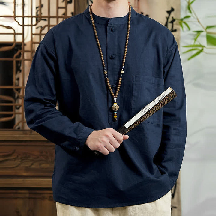 Buddha Stones Spring Tang Style Minimalist Mandarin Collar Solid Linen Cotton Men's Long Sleeve Shirts With Patch Pocket - image 3