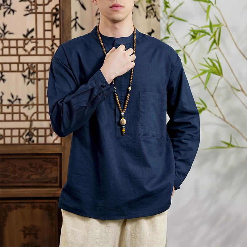 Buddha Stones Spring Tang Style Minimalist Mandarin Collar Solid Linen Cotton Men's Long Sleeve Shirts With Patch Pocket - image 2