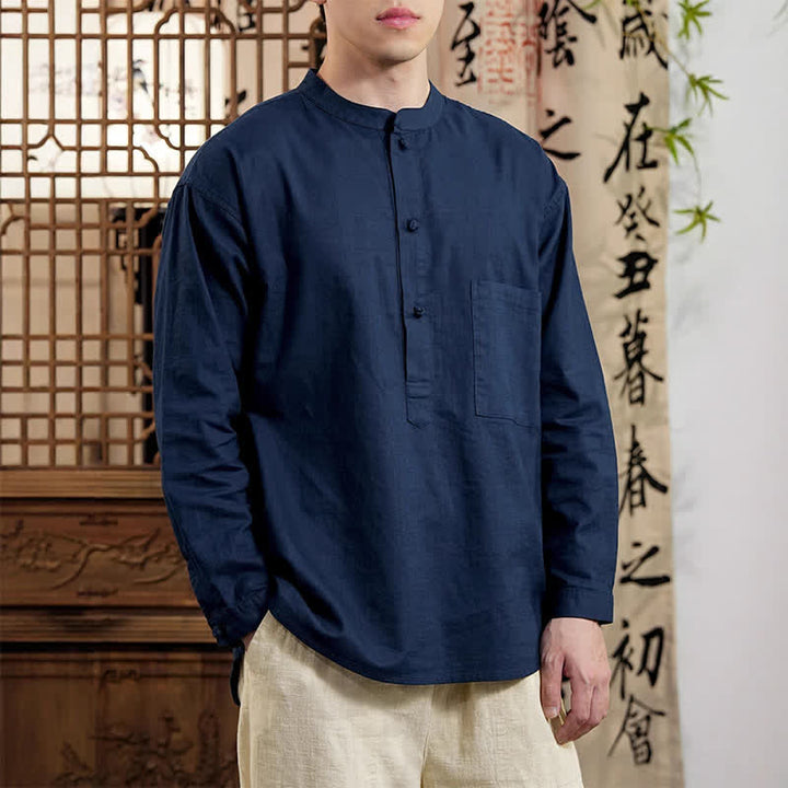 Buddha Stones Spring Tang Style Minimalist Mandarin Collar Solid Linen Cotton Men's Long Sleeve Shirts With Patch Pocket - Navy - US/UK/AU46，EU56 (5XL) - image 0