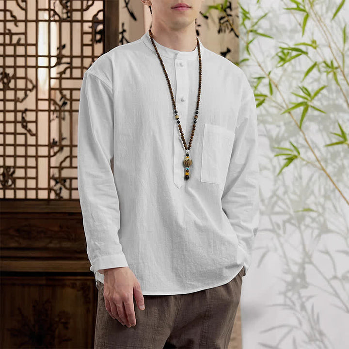 Buddha Stones Spring Tang Style Minimalist Mandarin Collar Solid Linen Cotton Men's Long Sleeve Shirts With Patch Pocket - image 18