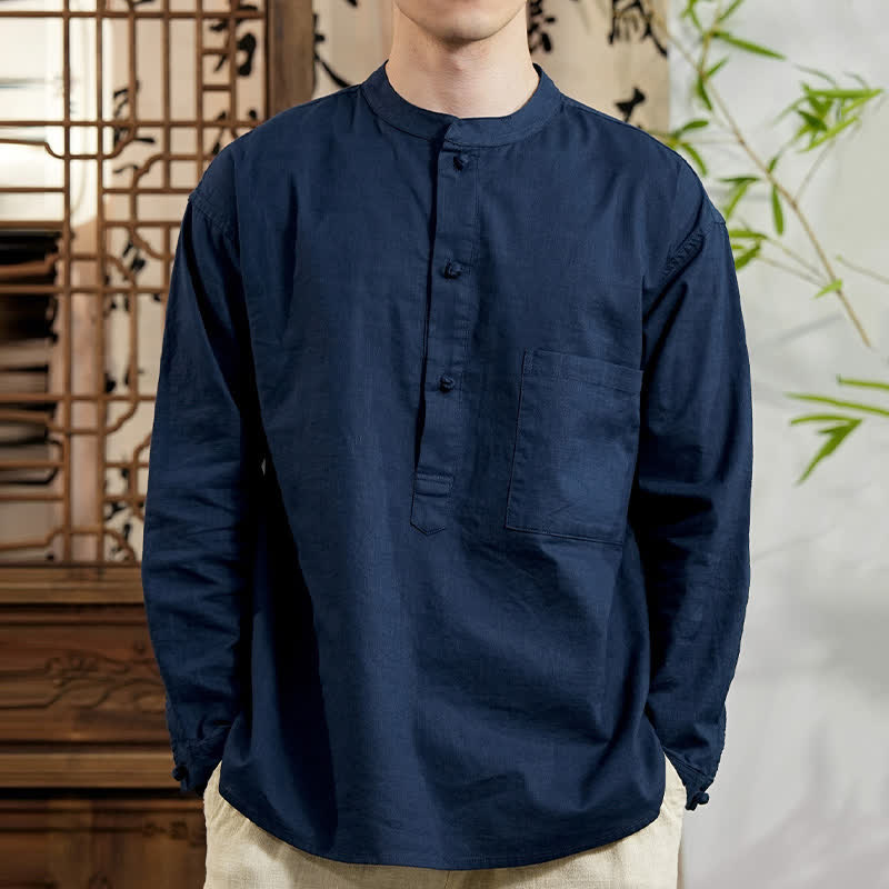 Buddha Stones Spring Tang Style Minimalist Mandarin Collar Solid Linen Cotton Men's Long Sleeve Shirts With Patch Pocket - image 1