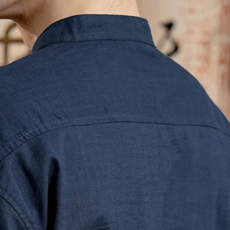 Buddha Stones Spring Tang Style Minimalist Mandarin Collar Solid Linen Cotton Men's Long Sleeve Shirts With Patch Pocket - image 6