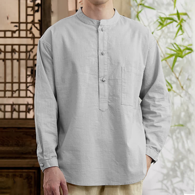 Buddha Stones Spring Tang Style Minimalist Mandarin Collar Solid Linen Cotton Men's Long Sleeve Shirts With Patch Pocket - LightGray - US/UK/AU46，EU56 (5XL) - image 14