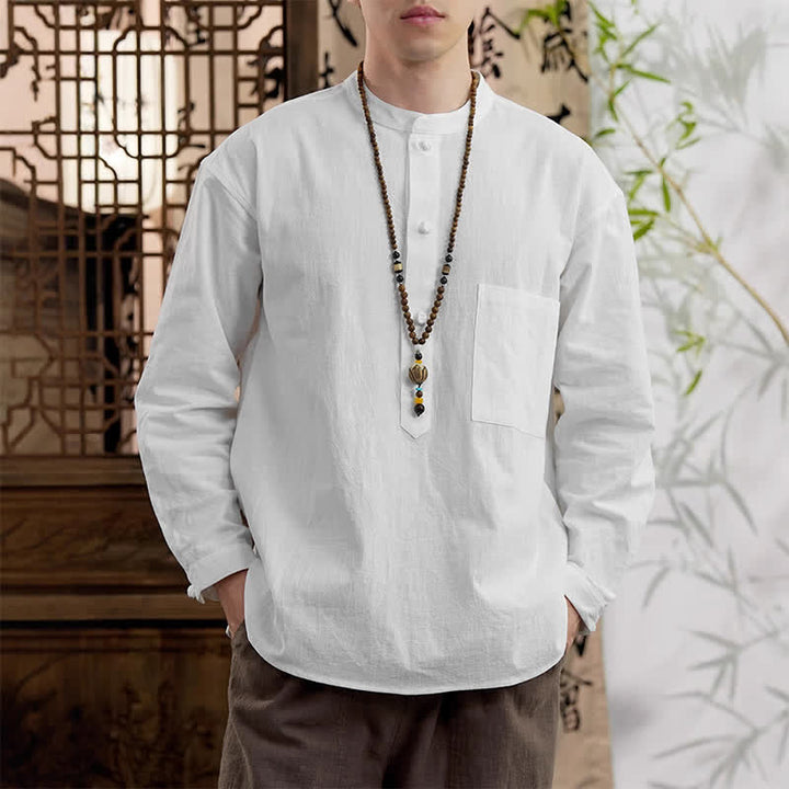 Buddha Stones Spring Tang Style Minimalist Mandarin Collar Solid Linen Cotton Men's Long Sleeve Shirts With Patch Pocket - White - US/UK/AU46，EU56 (5XL) - image 17