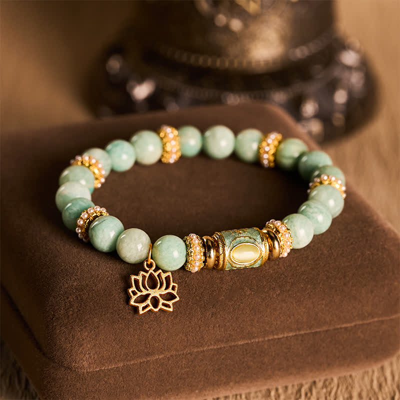 Buddha StonesAmazonite Enamel Barrel Bead Lotus Pendant Love Hand Polished Round Bead Bracelet - image 2