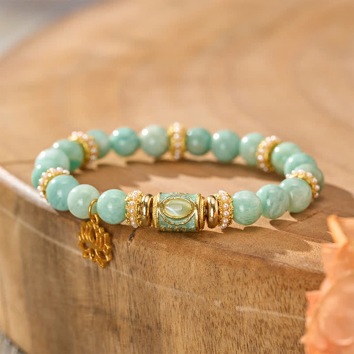 Buddha StonesAmazonite Enamel Barrel Bead Lotus Pendant Love Hand Polished Round Bead Bracelet - image 3