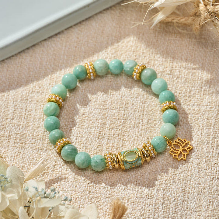 Buddha StonesAmazonite Enamel Barrel Bead Lotus Pendant Love Hand Polished Round Bead Bracelet - Amazonite(Wrist Circumference:15–16 cm) - image 0