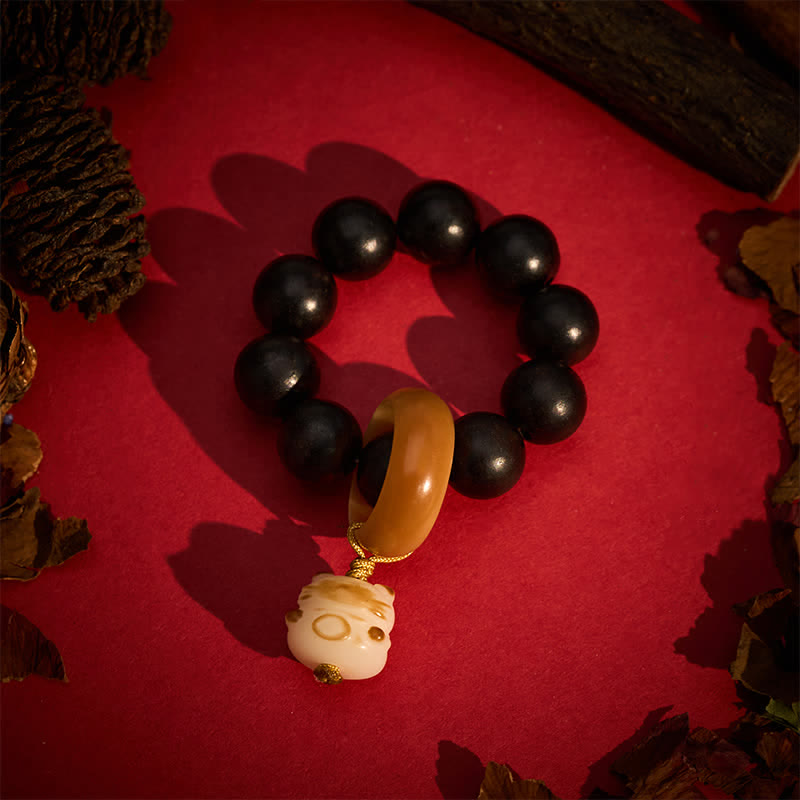 Buddha Stones Ebony Wood Charcoal-Grilled Cat & Bear Balance Tactile Meditation Beads Decorations - image 1