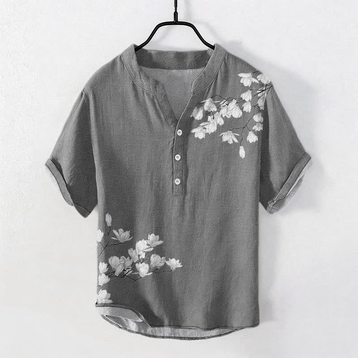 Buddha Stones Cotton White Floral Branch Pattern Men's Short Sleeve Half Button Shirt - Gray - US/UK/AU50，EU60 (5XL) - image 0
