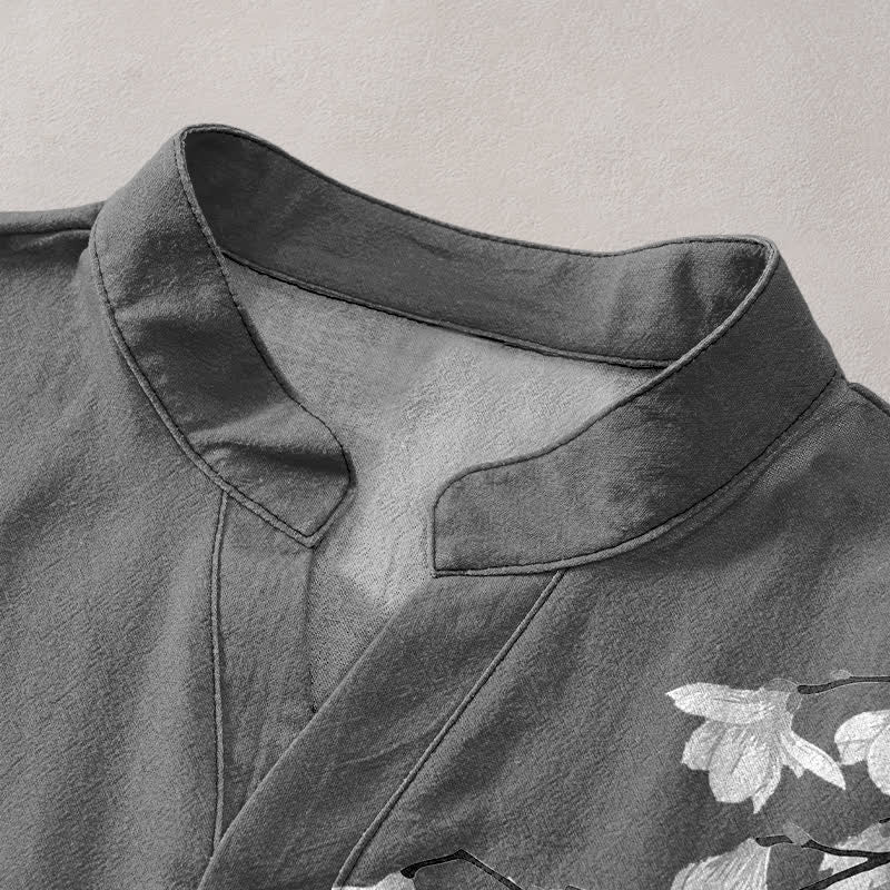 Buddha Stones Cotton White Floral Branch Pattern Men's Short Sleeve Half Button Shirt - image 2