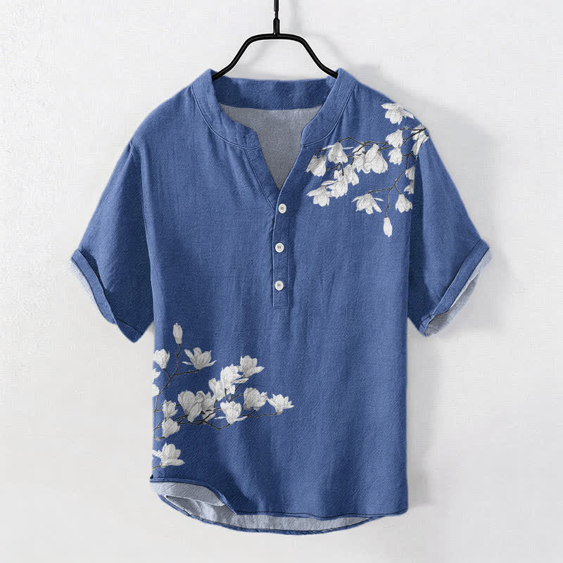 Buddha Stones Cotton White Floral Branch Pattern Men's Short Sleeve Half Button Shirt - SteelBlue - US/UK/AU50，EU60 (5XL) - image 7