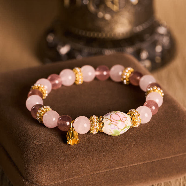 Buddha Stones Natural Strawberry Quartz Rose Quartz Ceramic Barrel Bead Lotus Pendant Clarity Round Bead Bracelet - image 4