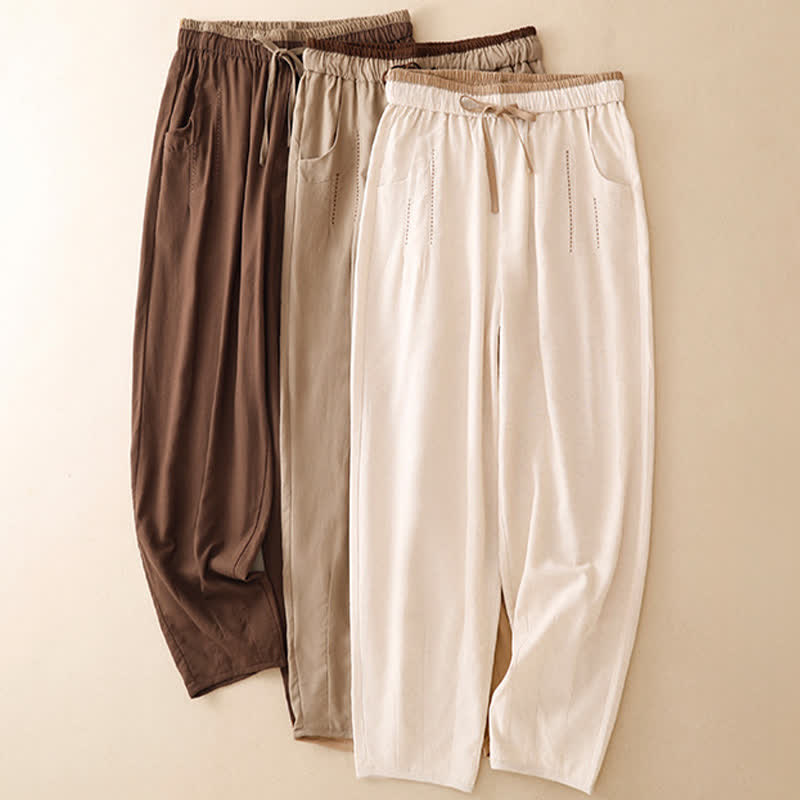 Buddha Stones Summer Casual Minimalist Drawstring Solid Cropped Pants Women's Tapered Pants With Pocket - image 22