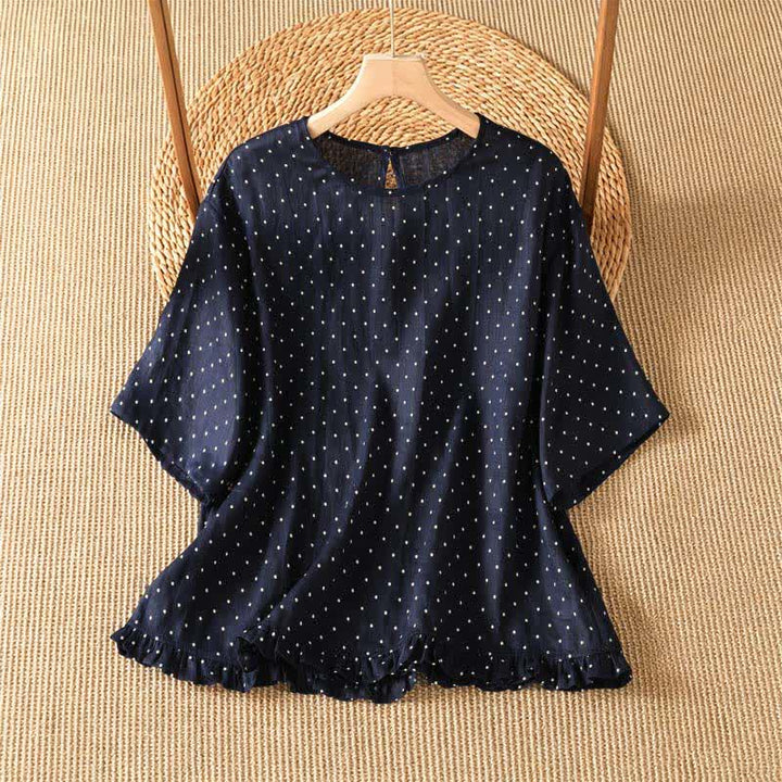 Buddha Stones Summer Casual Polka Dot Ruffled Hem Women's Short Sleeve T-Shirts - MidnightBlue - US8-10, UK/AU12-14, EU40-42 (2XL) - image 5
