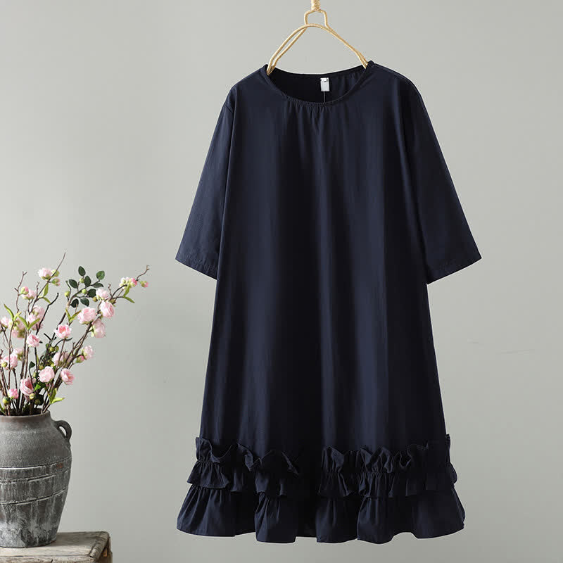 Buddha Stones Summer Casual Minimalist Solid Ruffle Hem Women's Short Sleeve Dress - MidnightBlue - US14, UK/AU18, EU46 (2XL) - image 1