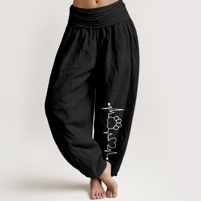 Buddha Stones Pure Cotton Heartbeat Paw Print Pattern Women's Elastic Waist Harem Pants - Black - US16，UK/AU20，EU48 (3XL) - image 5