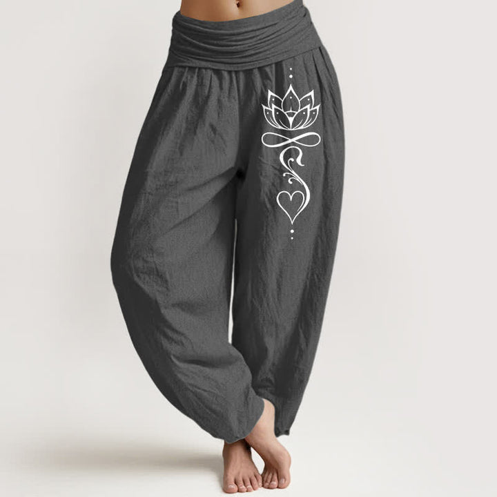 Buddha Stones Pure Cotton White Lotus Line Art Pattern Women's Elastic Waist Harem Pants - DimGray - US16，UK/AU20，EU48 (3XL) - image 0