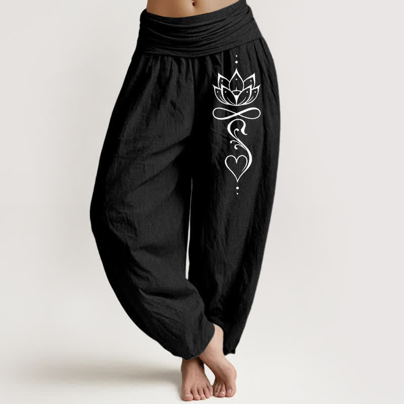 Buddha Stones Pure Cotton White Lotus Line Art Pattern Women's Elastic Waist Harem Pants - Black - US16，UK/AU20，EU48 (3XL) - image 5