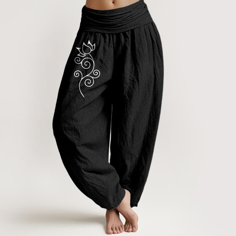 Buddha Stones Pure Cotton White Lotus Floral Vine Pattern Women's Elastic Waist Harem Pants - Black - US16，UK/AU20，EU48 (3XL) - image 5